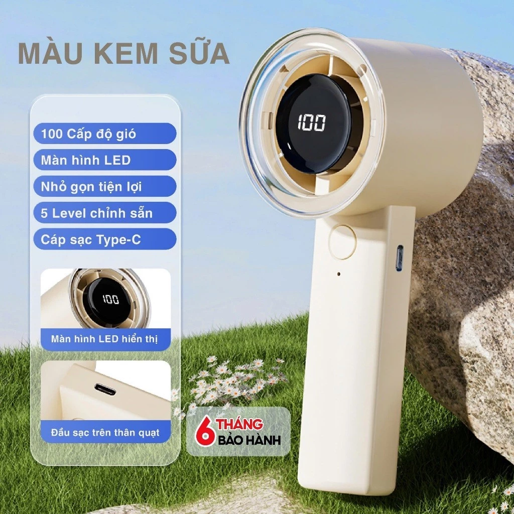 Quạt Cầm Tay Mini, 100 Cấp Độ Gió, Màn Hình LCD, Siêu Mát, Pin Lâu 3h