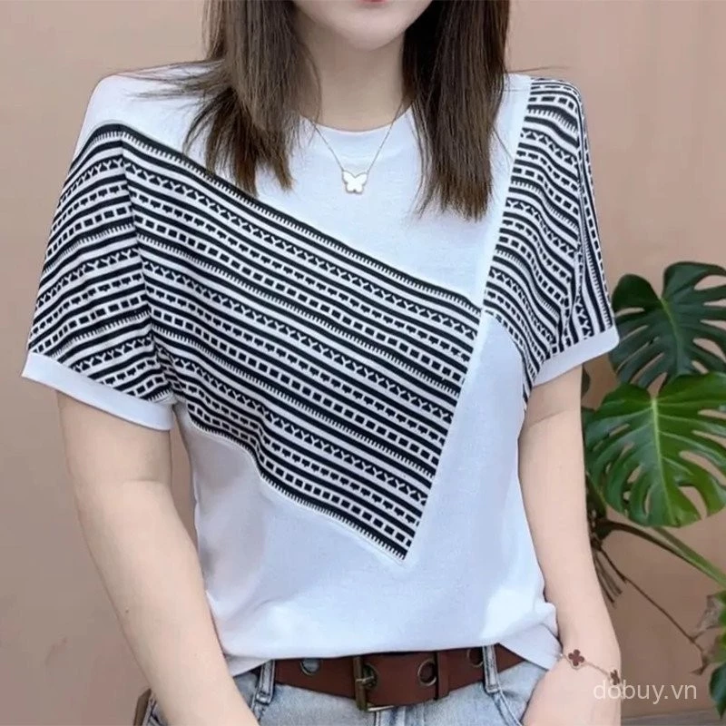Asean lấy cảm hứng từ trang phục cho phụ nữ barong Áo SọC Áo cộng với kích thước vòng Cổ Ngắn Tay Áo T-shirt Top