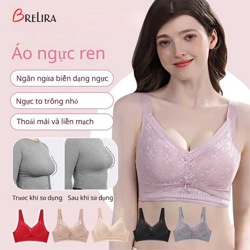 『 Brelira 』 Bộ giảm thiểu áo ngực ren Plus Kích thước không dây chống chảy xệ Full Cup dành cho nữ siêu mỏng Lingeire Quần lót nhỏ trông ngực to