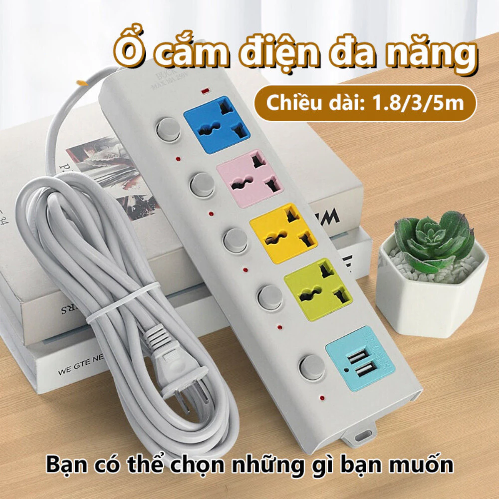Ổ Cắm Điện USB Đa Năng Cao Cấp Chống Giật Dây Dài 4m Công suất 2500W, 2 Cổng Cắm USB Có Chốt An Toàn