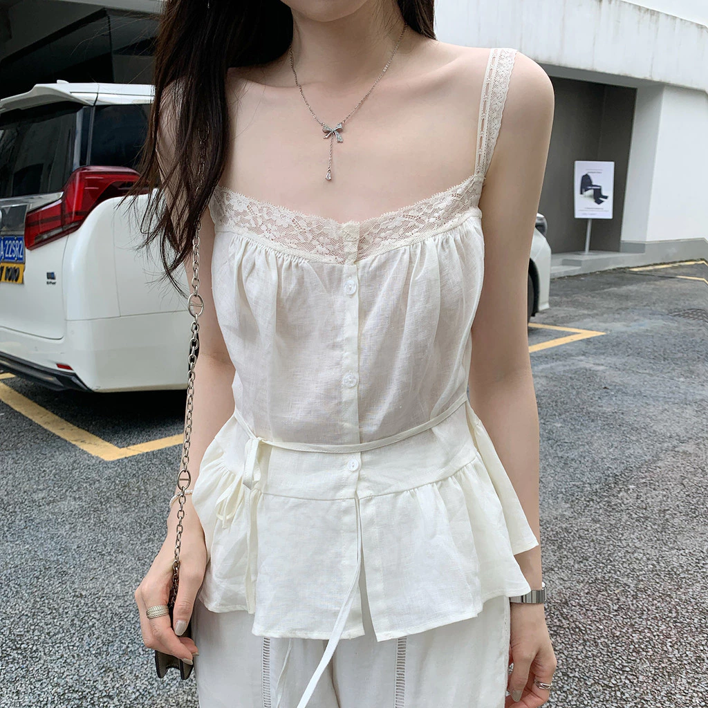 Kii Wii Áo sơ mi nữ không tay phối ren màu trơn mùa hè 250524