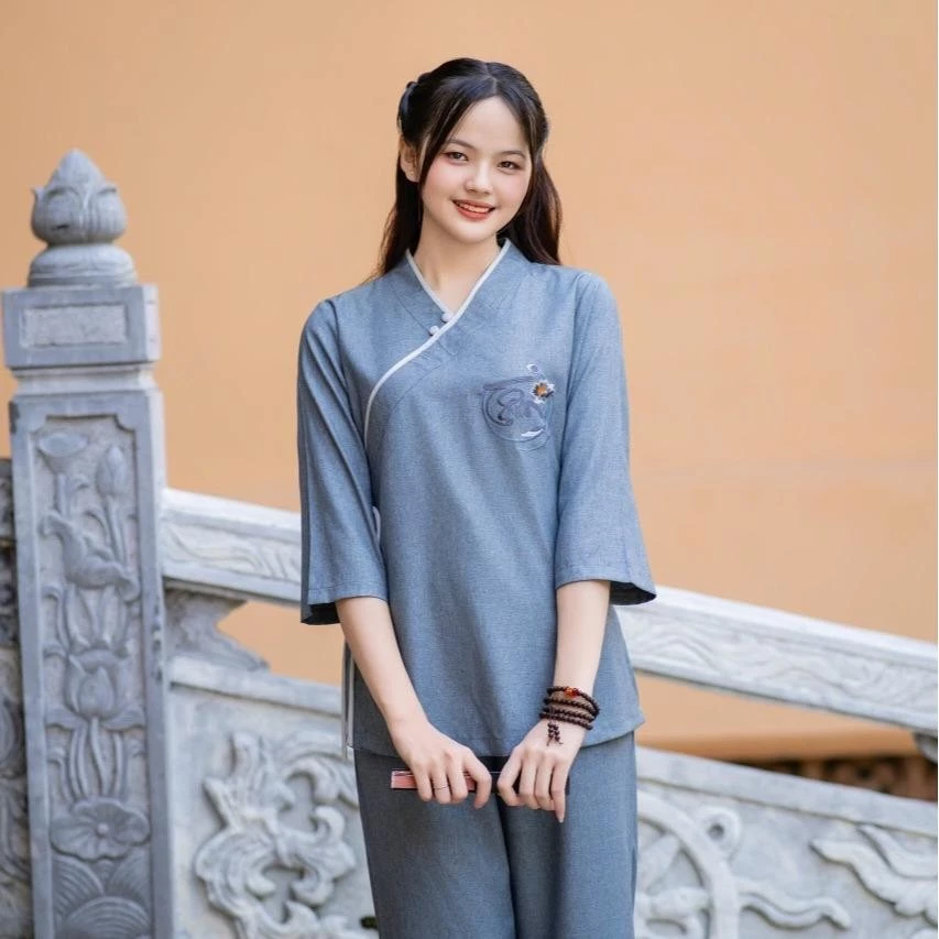 Đồ lam đi chùa nữ cao cấp vải Linen Ấn siêu mát siêu mềm ít nhăn - Mã Tâm Sen - Top Pháp Phục