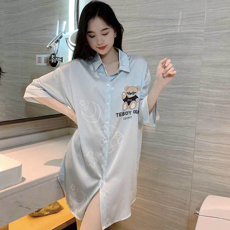 [40-72.5kg] Đầm ngủ in hình gấu dễ thương cho phụ nữ, tay ngắn dài vừa, phong cách ngọt ngào