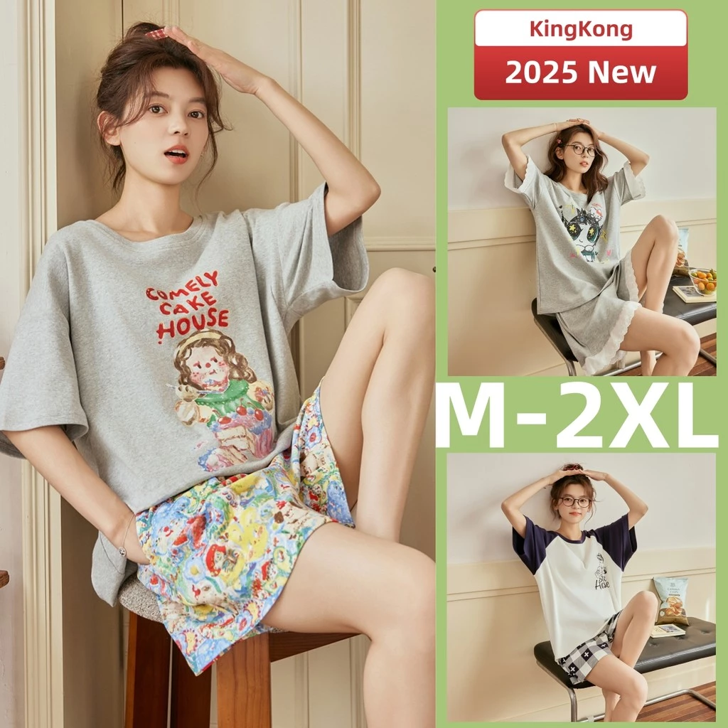Bộ Đồ Ngủ Nữ Cotton Tay Ngắn In Hoạt Hình Dễ Thương, Túi Song Phương