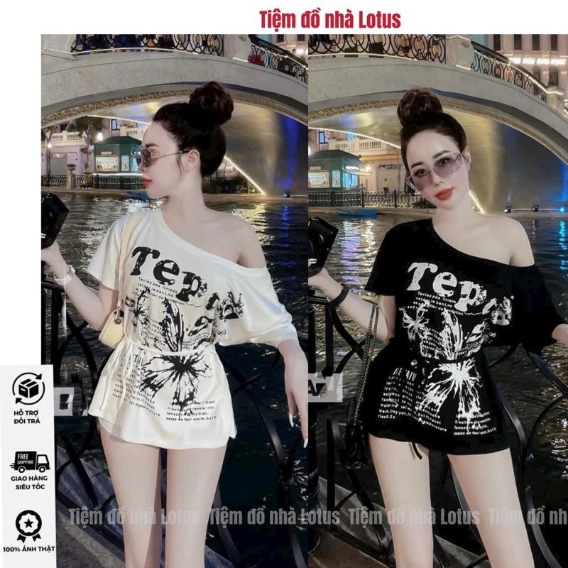 [Kèm dây phối] Áo thun giấy lệch vai in hoạ tiết bướm kèm chữ (Tiệm đồ nhà Lotus)