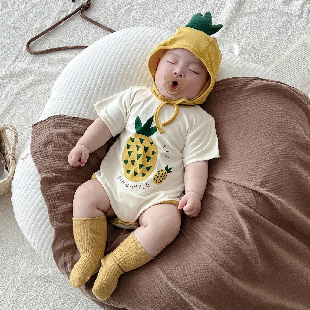 Ig Mùa Hè Trẻ Sơ Sinh Body Cotton Mỏng Áo Liền Quần Cho Bé Họa Tiết Dứa Màu Vàng Dễ Thương Áo Liền Quần Tay Ngắn Mềm Mại + Mũ Hình Dứa Bé Trai Sơ Sinh Dứa Romper 0-2 Tuổi