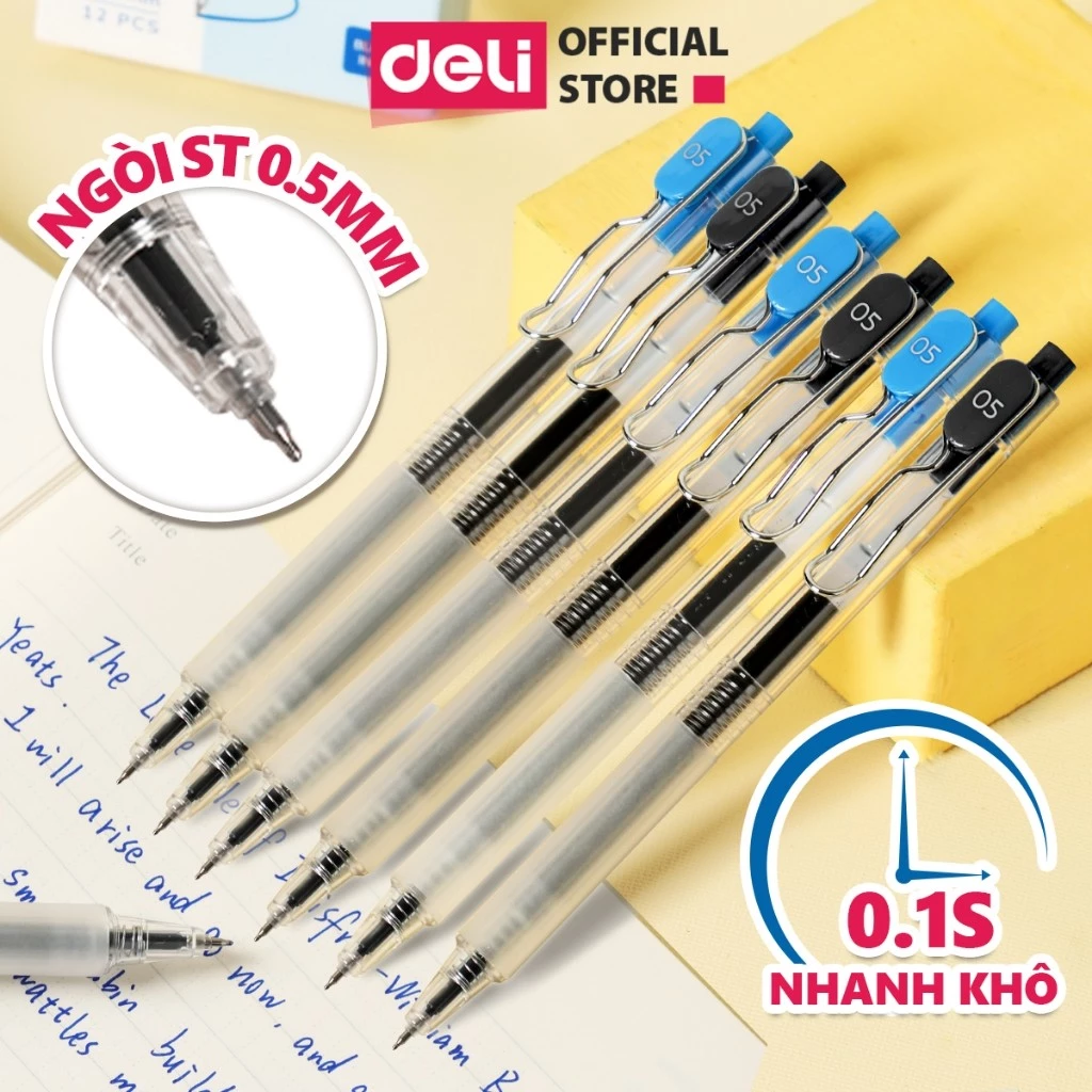 Bút Gel Bấm Khô Nhanh Deli Ngòi ST 0.5mm - Bút Bi Bút Nước Mực Đều Viết Đẹp Có Nắp Cài Dành Cho Học Sinh Văn Phòng EG299