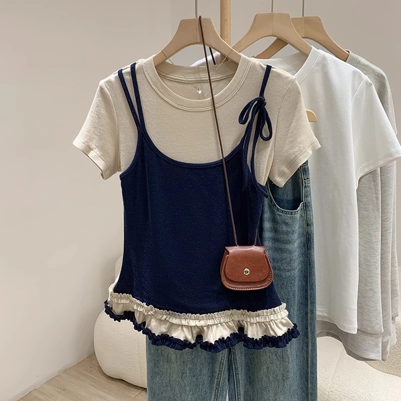 Giả 2 áo thun nữ ôm body Xanh đậm kiểu xinh hàn quốc mùa hè SALMO