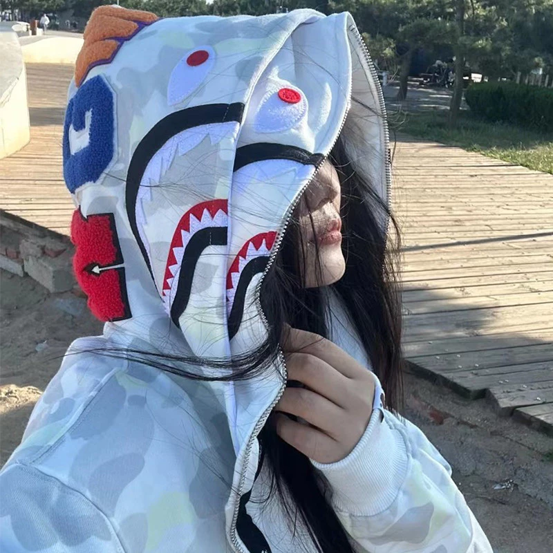 [HOT*] Áo Hoodie Cá Mập BAPE Thương Hiệu Nhật Bản - Áo Khoác Nữ Khổ Lớn Thời Trang Đường Phố Dành Cho Học Sinh, Có Đốm D
