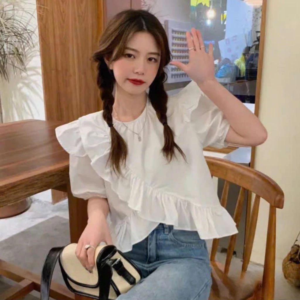 Áo sơ mi  bigsize nữ kiểu tay phồng ngắn viền bèo cổ tròn dễ thương đáng yêu thoáng mát cho nàng chuppy - SM277