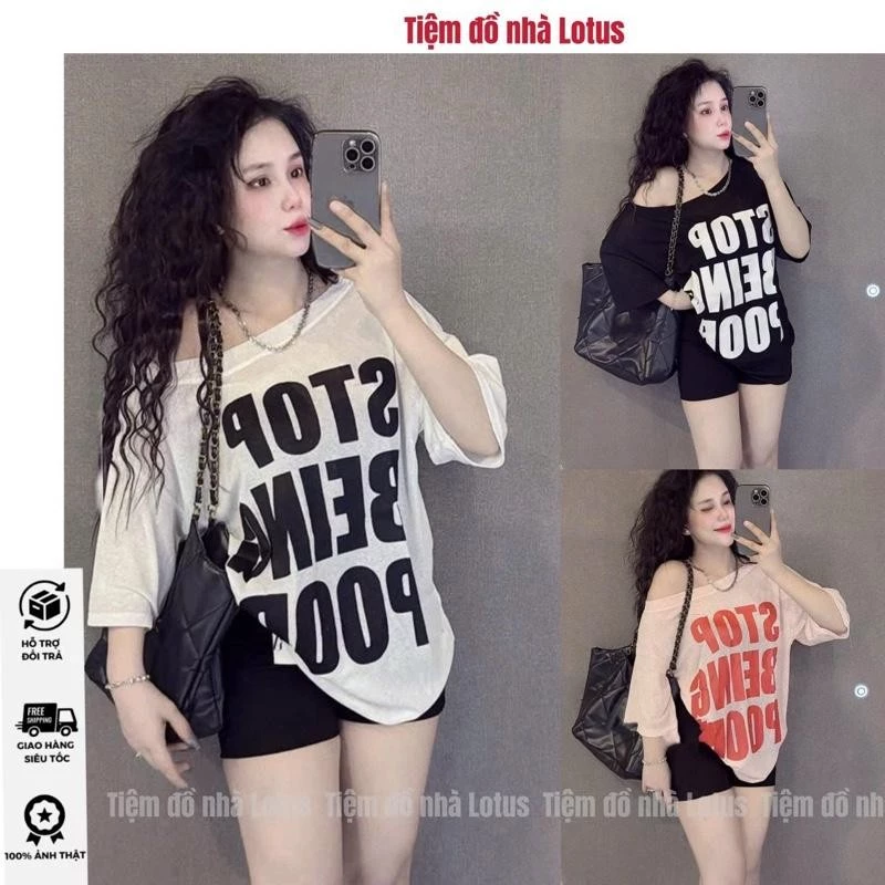 Áo thun giấy tay lỡ phối chữ to mặc lệch vai hoặc trễ vai (Tiệm đồ nhà Lotus)