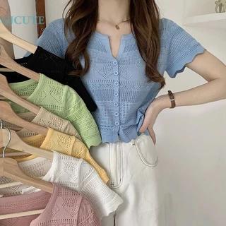 Áo Croptop Dệt Kim Tay Ngắn Cổ Chữ v Dáng Ôm Phong Cách Hàn Quốc Thời Trang Mùa Hè Cho Nữ