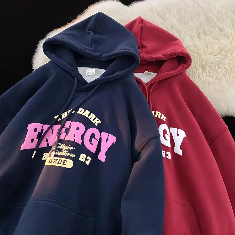 Áo hoodie Hàn Quốc Ngoại Cỡ lelaki plus size s-3xl Màu Đỏ Rượu Vang Cổ Điển Hợp Thời Trang Cho Cặp Đôi