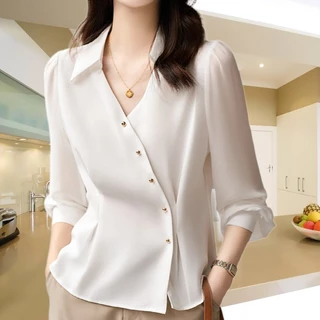 Áo Sơ Mi chiffon Cổ v Tay Ngắn Thời Trang Mùa Thu 2023 Cho Nữ