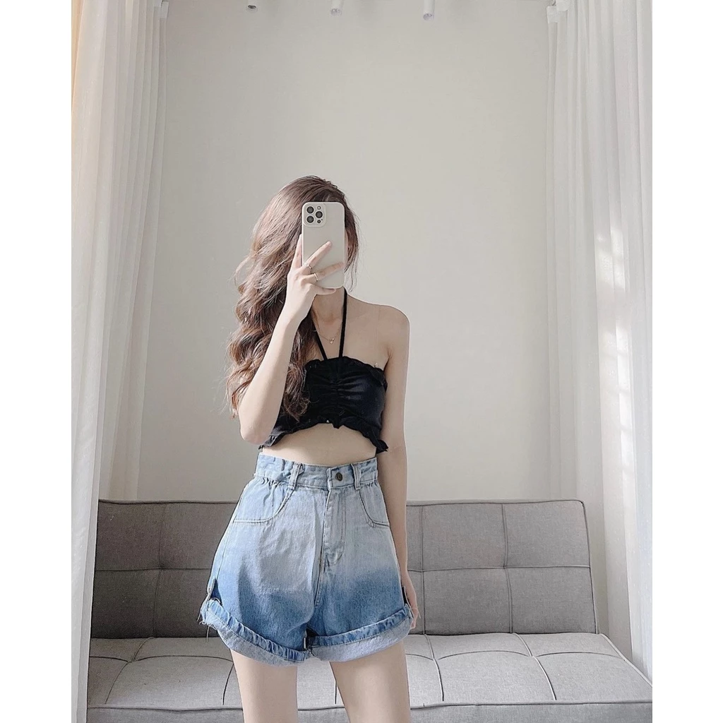 Y15 Quần short jean loang gấp gấu cạp cao chất đẹp yansoo