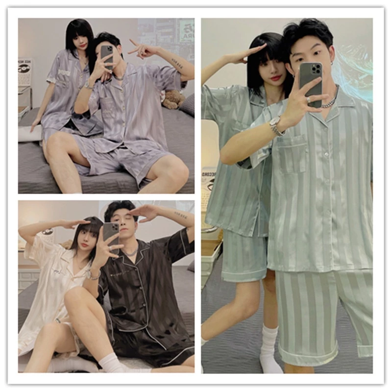 Bộ Đồ Ngủ Tay Ngắn Chất Lụa Lạnh Mỏng Họa Tiết Kẻ Sọc Dễ Thương Thời Trang Mùa Hè Cho Nam Và Nữ Lff0819