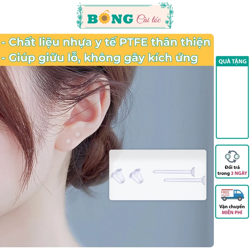 Bông tai nhựa sinh học trong suốt hình tròn giữ lỗ, không gây kích ứng BT100 - khuyên tai trong suốt BÔNG Cài Tóc