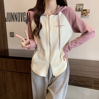 Junnovgal Áo hoodie Tay Dài Cỡ Lớn Phối Dây Kéo retro Thời Trang 2023 Cho Nữ