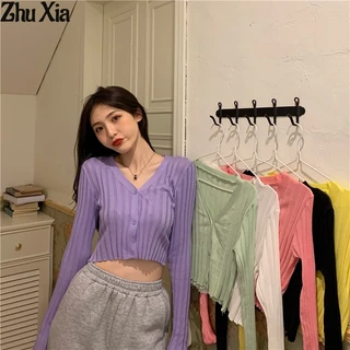 Áo Khoác cardigan Dệt Kim Mỏng Tay Dài Dáng Ngắn Thời Trang Cho Nữ