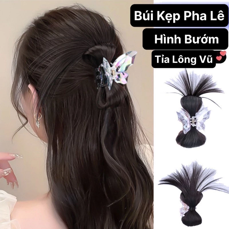 Tóc Giả Búi Kẹp Hình BƯỚM Giả Pha Lê Tỉa Lông Vũ, Tóc Giả Y2K Cho TeenGirl MyBaby