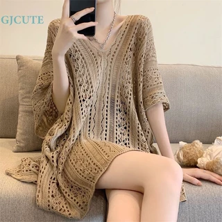 Gjcute Áo Dệt Kim Tròng Đầu Dáng Rộng Cổ Chữ v Khoét Rỗng Gợi Cảm Chống Nắng Mùa Hè wtd