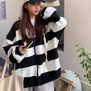 Áo Khoác hoodie Dày Có Khóa Kéo Phối Lông Họa Tiết Kẻ Sọc Trắng Đen Thời Trang Cho Nữ