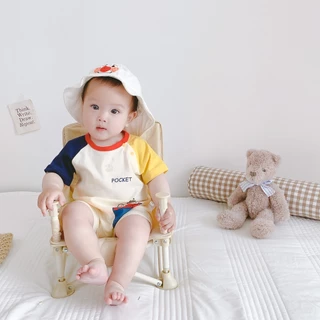 Bộ Áo Liền Quần Bằng cotton Tay Ngắn In Hình Gấu Màu Tương Phản Thời Trang Mùa Hè Cho Bé Gái 0-2 Tuổi