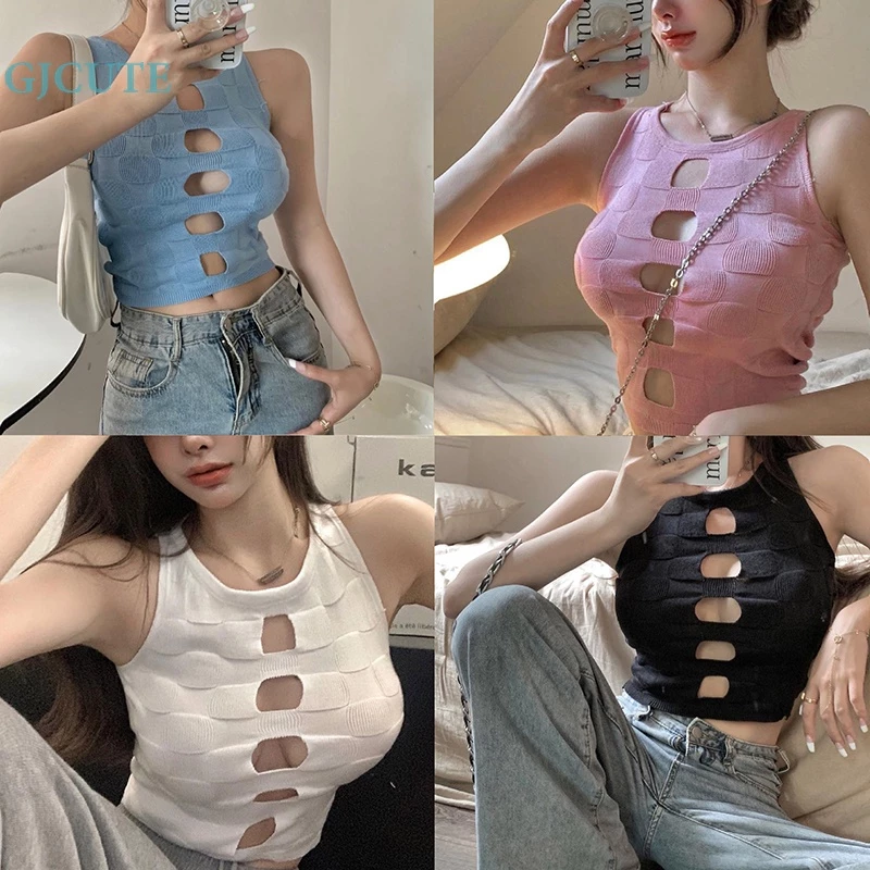 Áo Croptop Dệt Kim Sát Nách Cổ Tròn Dáng Ôm Thời Trang Mùa Hè Quyến Rũ Cho Nữ