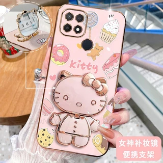 ốp lưng OPPO A15 OPPO A15S A35 3D Hello Kitty Cat Ốp Điện thoại Case Holder Silicon Mềm Chống Sốc Mạ Điện Gắn Gương Trang Điểm OPPO A15 OPPO A15S A35 phong cách mới trường hợp điện thoại cô gái