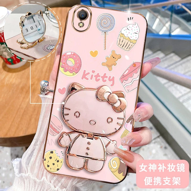 ốp lưng OPPO A37 A37F 3D Hello Kitty Cat Ốp Điện thoại Case Holder Silicon Mềm Chống Sốc Mạ Điện Gắn Gương Trang Điểm OPPO A37 A37F phong cách mới trường hợp điện thoại cô gái