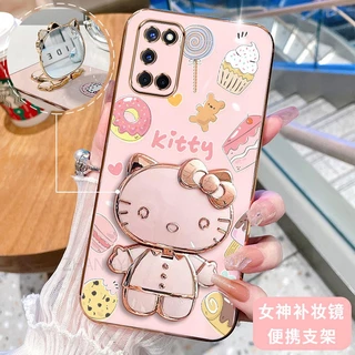 ốp lưng OPPO A52 A92 A74 5G 3D Hello Kitty Cat Ốp Điện thoại Case Holder Silicon Mềm Chống Sốc Mạ Điện Gắn Gương Trang Điểm OPPO A52 A92 A74 5G phong cách mới trường hợp điện thoại cô gái