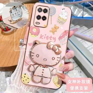 ốp lưng OPPO A54 4G 3D Hello Kitty Cat Ốp Điện thoại Case Holder Silicon Mềm Chống Sốc Mạ Điện Gắn Gương Trang Điểm OPPO A54 4G phong cách mới trường hợp điện thoại cô gái