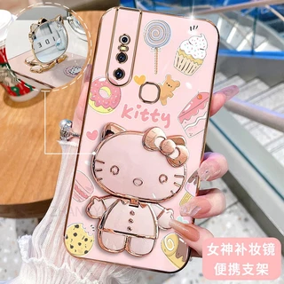 ốp lưng Vivo v15 vivo v15 pro 3D Hello Kitty Cat Ốp Điện thoại Case Holder Silicon Mềm Chống Sốc Mạ Điện Gắn Gương Trang Điểm Vivo v15 vivo v15 pro phong cách mới trường hợp điện thoại cô gái