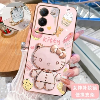 ốp lưng Vivo V25 V25E V25 PRO 3D Hello Kitty Cat Ốp Điện thoại Case Holder Silicon Mềm Chống Sốc Mạ Điện Gắn Gương Trang Điểm Vivo V25 V25E V25 PRO phong cách mới trường hợp điện thoại cô gái