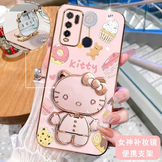 ốp lưng VIVO Y30 4G Y30i Y50 3D Hello Kitty Cat Ốp Điện thoại Case Holder Silicon Mềm Chống Sốc Mạ Điện Gắn Gương Trang Điểm VIVO Y30 4G Y30i Y50 phong cách mới trường hợp điện thoại cô gái