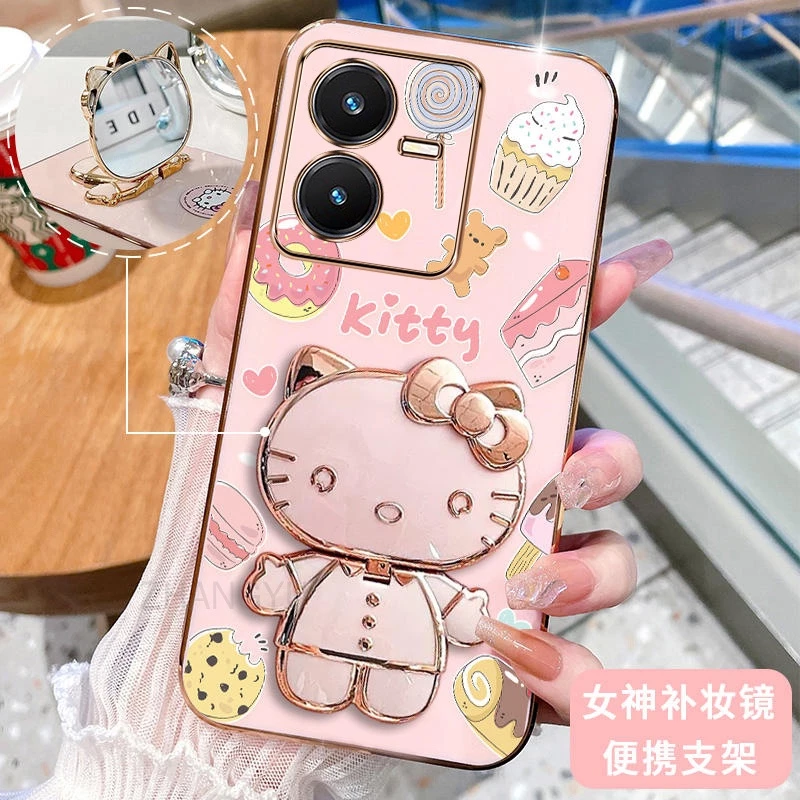 ốp lưng VIVO Y22S 2022 4G vivo Y22 2022 4G 3D Hello Kitty Cat Ốp Điện thoại Case Holder Silicon Mềm Chống Sốc Mạ Điện Gắn Gương Trang Điểm VIVO Y22S 2022 4G vivo Y22 2022 4G phong cách mới trường hợp điện thoại cô gái