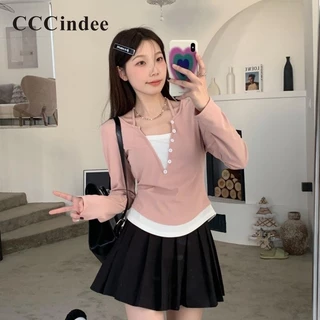 Cccindee Áo sweater Tay Dài Dáng Ôm Phối Màu Tương Phản Thời Trang 2023 Dành Cho Nữ