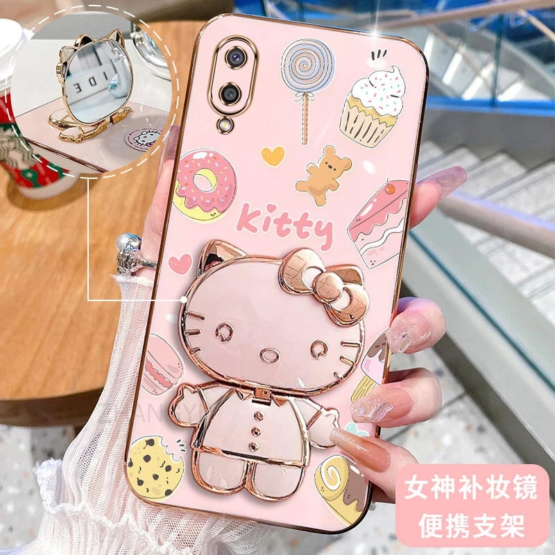 ốp lưng Samsung A01 A02 3D Hello Kitty Cat Ốp Điện thoại Case Holder Silicon Mềm Chống Sốc Mạ Điện Gắn Gương Trang Điểm Samsung A01 A02 phong cách mới trường hợp điện thoại cô gái