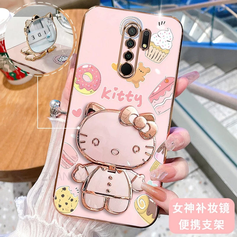 ốp lưng Redmi 9 REDMI note 8 pro 3D Hello Kitty Cat Ốp Điện thoại Case Holder Silicon Mềm Chống Sốc Mạ Điện Gắn Gương Trang Điểm Redmi 9 REDMI note 8 pro phong cách mới trường hợp điện thoại cô gái