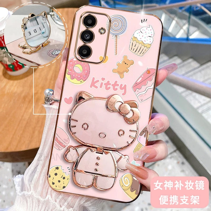 ốp lưng Samsung A13 5G A14 4G A14 5G A24 4G A25 5G A34 A54 5G 3D Hello Kitty Cat Ốp Điện thoại Case Holder Silicon Mềm Chống Sốc Mạ Điện Gắn Gương Trang Điểm Samsung A13 5G A14 4G A14 5G A24 4G A25 5G A34 A54 5g phong cách mới trường hợp điện thoại cô gái