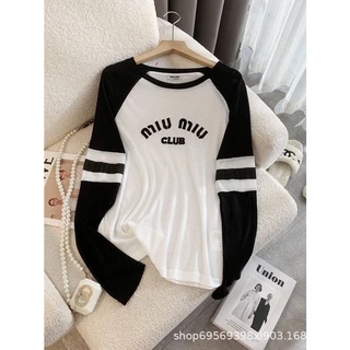 MIU MIU spring and summer new cloth embroidered letter decorative shoulder-mounted long sleeve round neck Tencel top for women