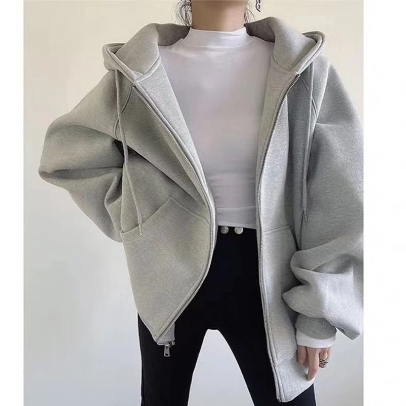 Áo khóa nỉ hoodie dày màu xám form rộng