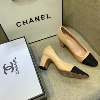CHANE * single shoes new color matching bag head thick heel cool high heels OL single shoes