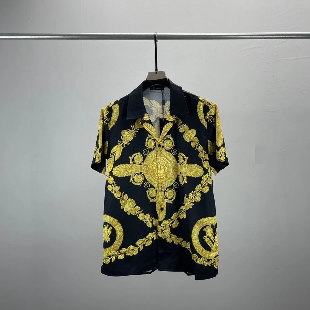 66YZ Versace fashion brand European short-sleeved shirt full printed letters printed lapel shirt cardigan spot all-match