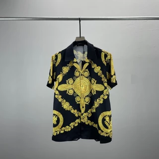 66YZ Versace fashion brand European short-sleeved shirt full printed letters printed lapel shirt cardigan spot all-match