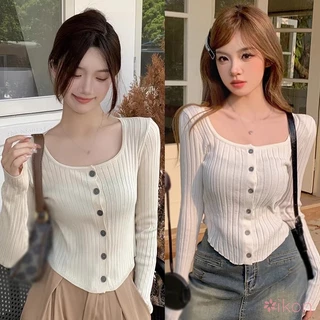 Áo cardigan Dệt Kim Cổ Vuông Tay Dài Màu Sắc Đơn Giản Cho Nữ