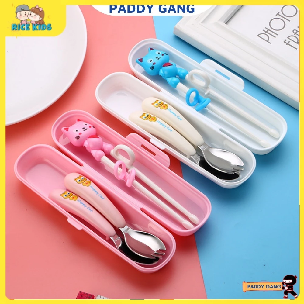 [ RICE KIDS  ] Bộ Thìa Dĩa Đũa Tập Ăn An Toàn Cho Bé Bằng Inox 304, Đũa Ăn Dặm Xỏ Ngón Tập Gắp, Thìa Tập Xúc