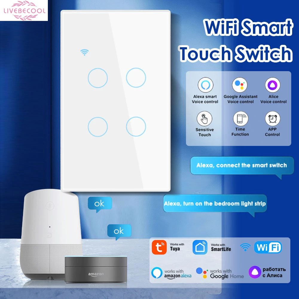 [Giao Hàng Nhanh] Công Tắc Đèn Thông Minh Tuya Wifi Công Tắc Bảng Điều Khiển Cảm Ứng Công Tắc Gắn Tường Không Dây 1/2/3/4 Gang Công Tắc Cảm Ứng Thông Minh Nút Đèn Tường Gia Đình Hoạt Động Cho Alexa Go-ogle Home livebecool