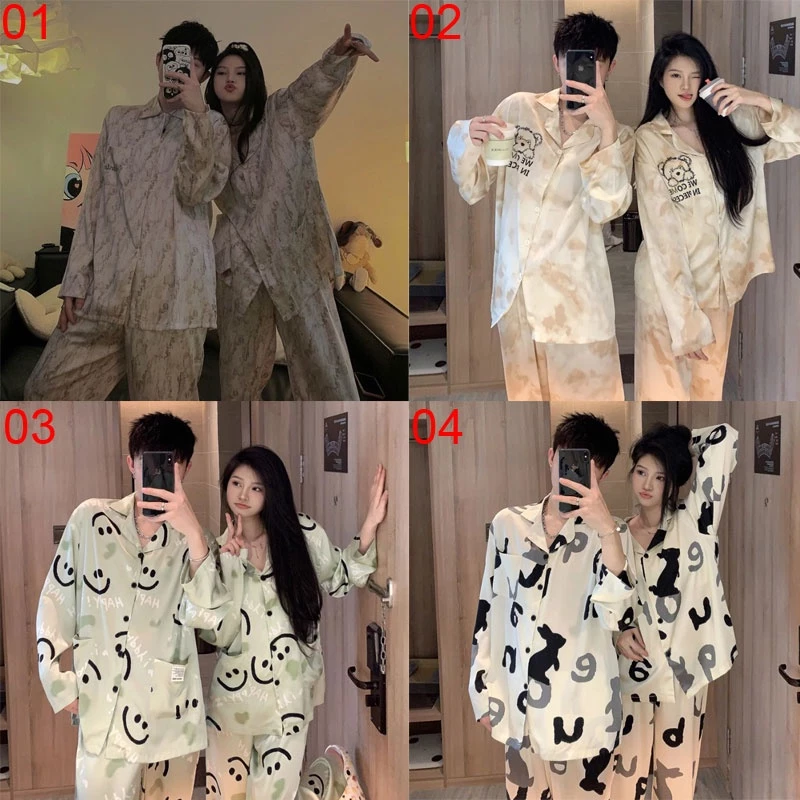 Bộ Đồ Ngủ Tay Dài Chất Lụa satin Thời Trang Phong Cách Hàn Quốc Cho Nam / Nữ size m-3xl