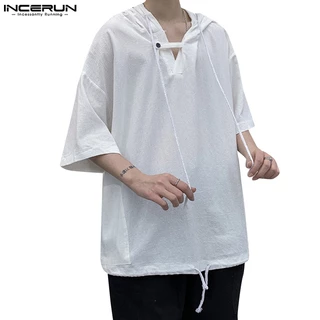 INCERUN Áo Hoodie Tay Lỡ Màu Sắc Đơn Giản Phối Dây Rút Thời Trang Hàn Quốc Cho Nam Giới